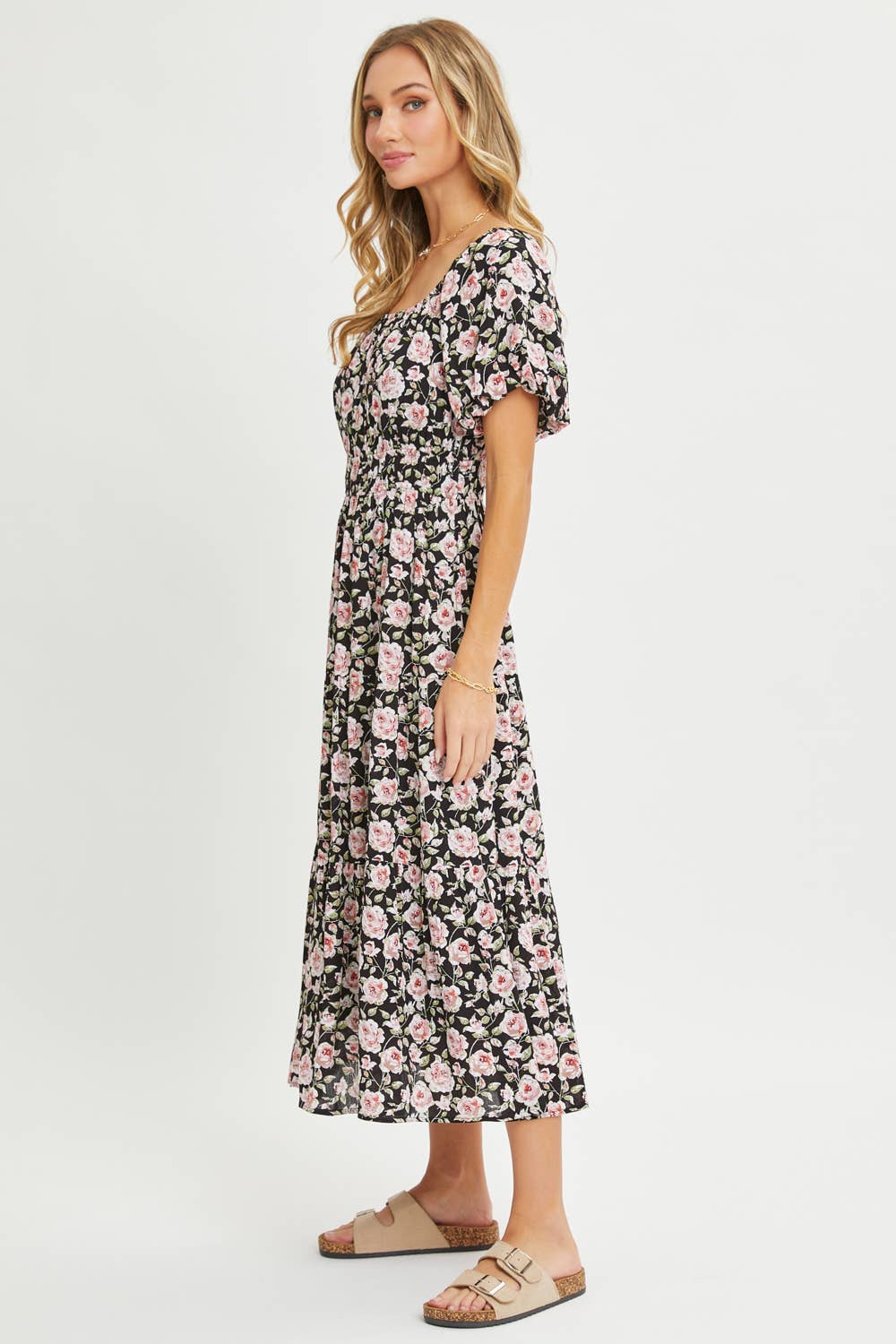 Sweet Lovely by Jen - ROMANTIC FLORAL ELASTIC WAIST MIDI DRESS