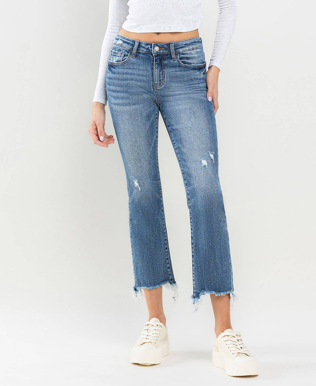 Lovervet by VERVET - MID RISE FRAYED HEM ANKLE BOOTCUT JEANS LV1212