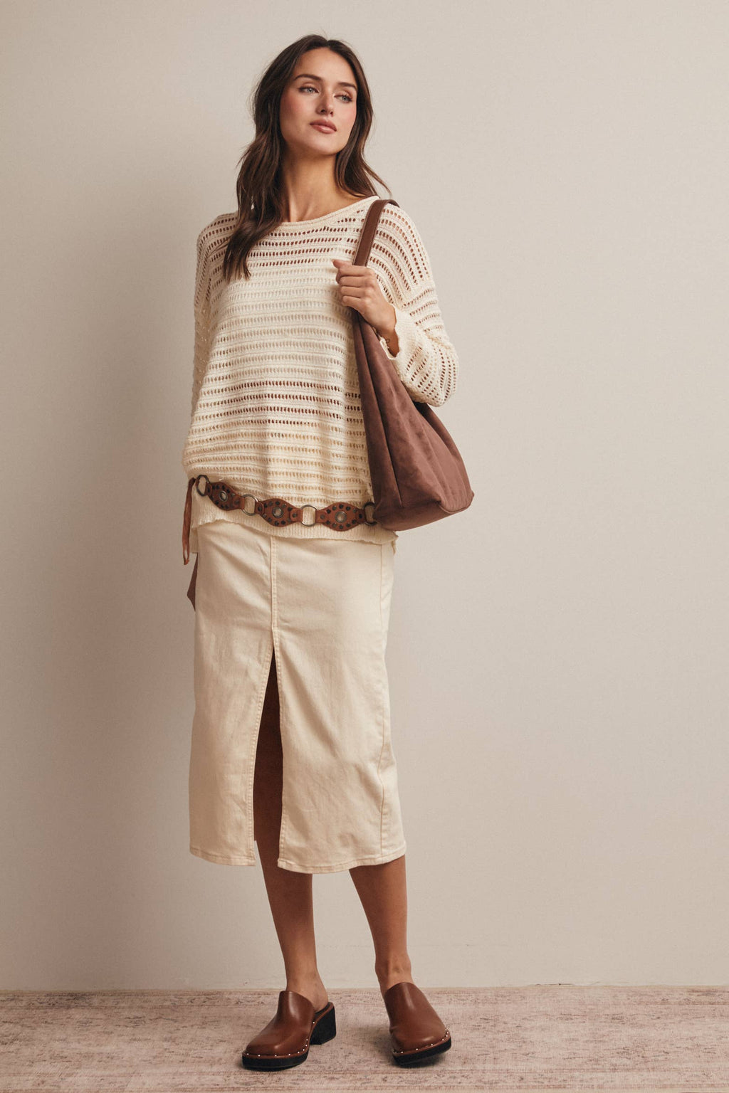 Forte - Open-Knit Stripe Sweater Top FSW0056