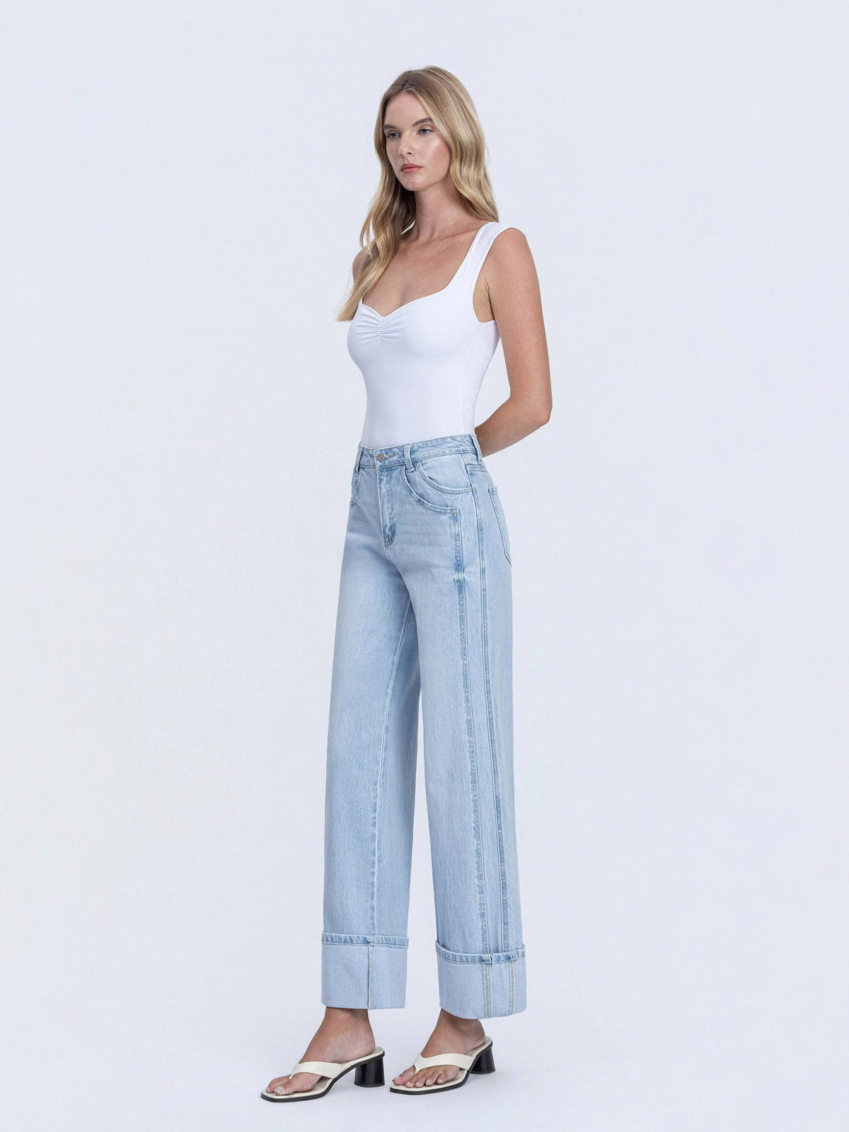 VERVET by FLYING MONKEY - SUPER HIGH RISE LIGHT WASH CUFFED BAGGY WIDE JEANS T6515