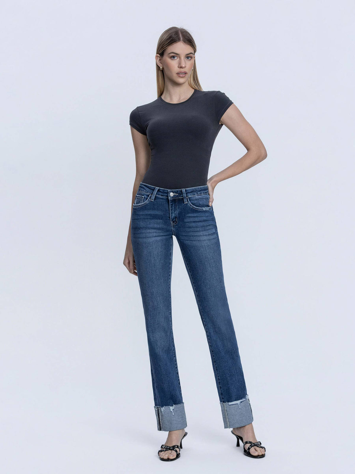 Lovervet by VERVET - MID RISE DARK WASH CUFFED SLIM STRAIGHT JEANS LV1513