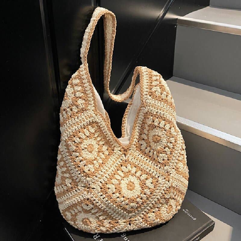 Suhkasana - Crochet Knit Tote Bag Boho Shoulder Bag for Women