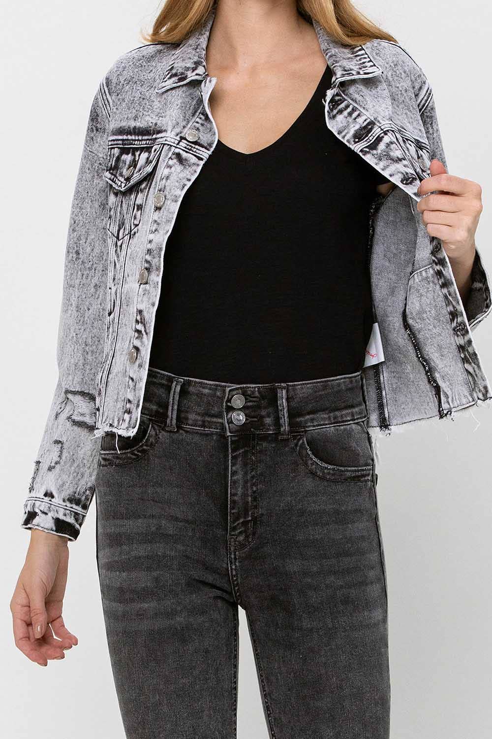 VERVET by FLYING MONKEY - DISTRESSED BLACK ACID WASH CLASSIC CROP JACKET VT1156