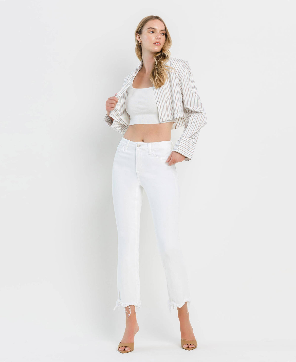 VERVET by FLYING MONKEY - HIGH RISE UNEVEN RAW HEM CROP FLARE JEANS T6348WH