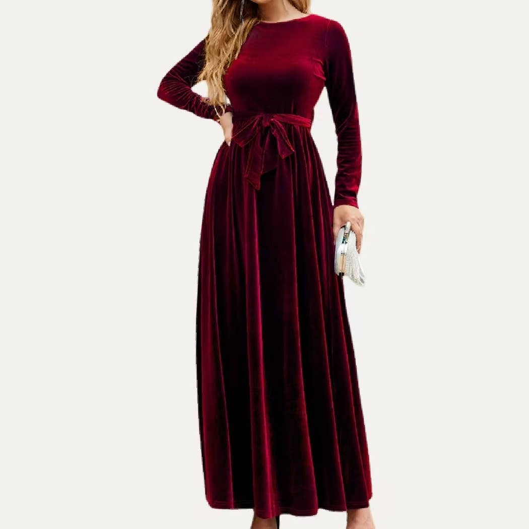 The Moment Collection - Stunning Solid Velvet Round Neck Long Sleeve Maxi Dress