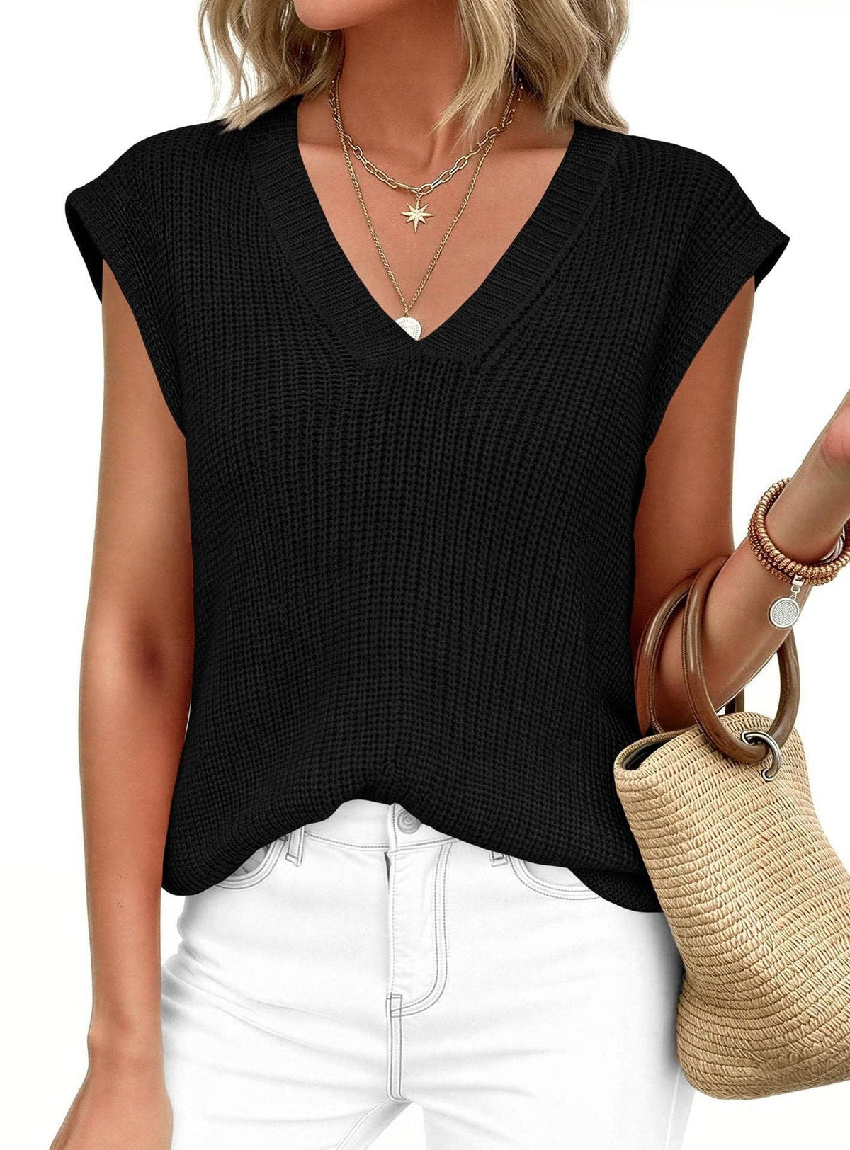 Suhkasana - V Neck Knit Sweater Vest Sleeveless Loose Summer Top
