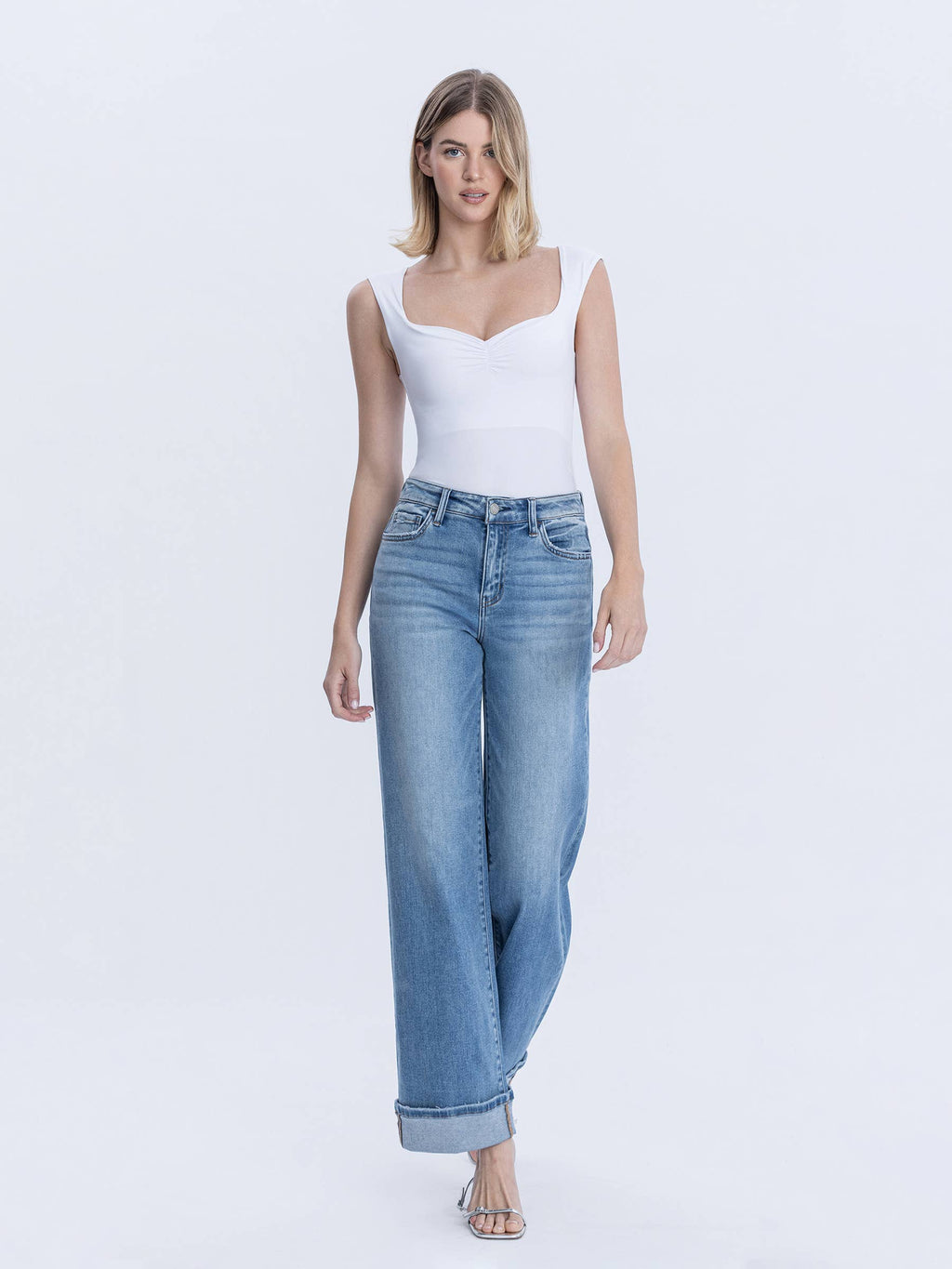 VERVET by FLYING MONKEY - HIGH RISE FULL LENGTH CUFFED WIDE JEANS T7049
