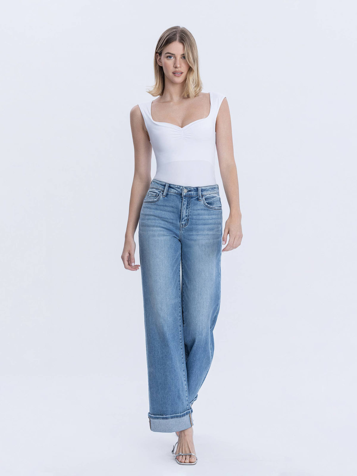 VERVET by FLYING MONKEY - HIGH RISE FULL LENGTH CUFFED WIDE JEANS T7049