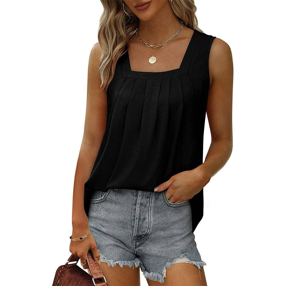 Suhkasana - Square Neck Pleated Sleeveless Flowy Tank Top