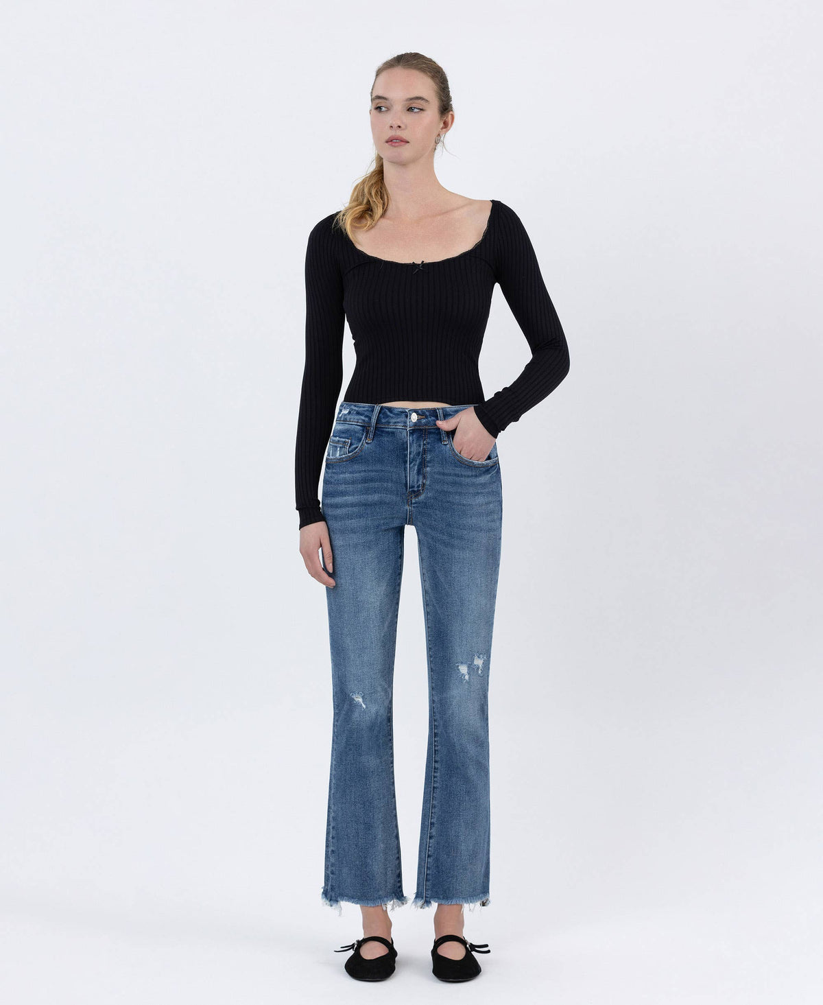 Lovervet by VERVET - MID RISE FRAYED HEM ANKLE BOOTCUT JEANS LV1212