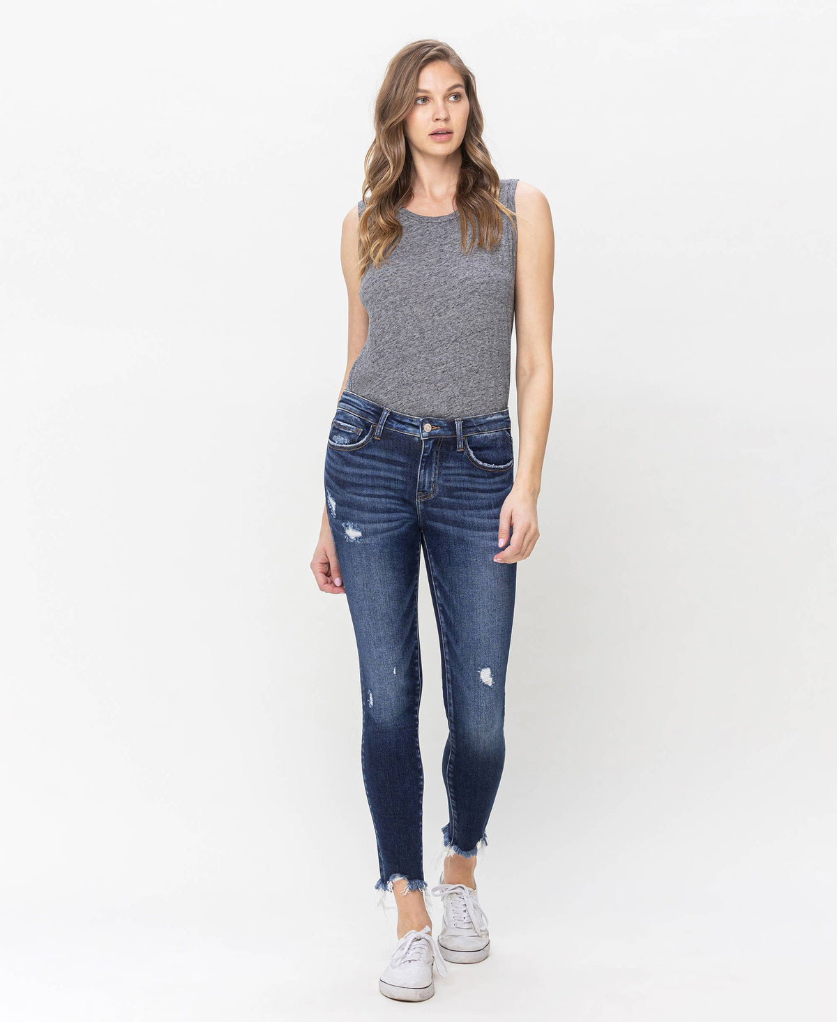 Lovervet by VERVET - MID RISE UNEVEN RAW HEM CROP SKINNY JEANS LV1144