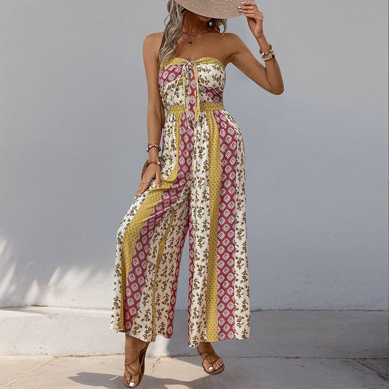Suhkasana - Boho Strapless Smocked Jumpsuit with Wide-Leg Flare Pants