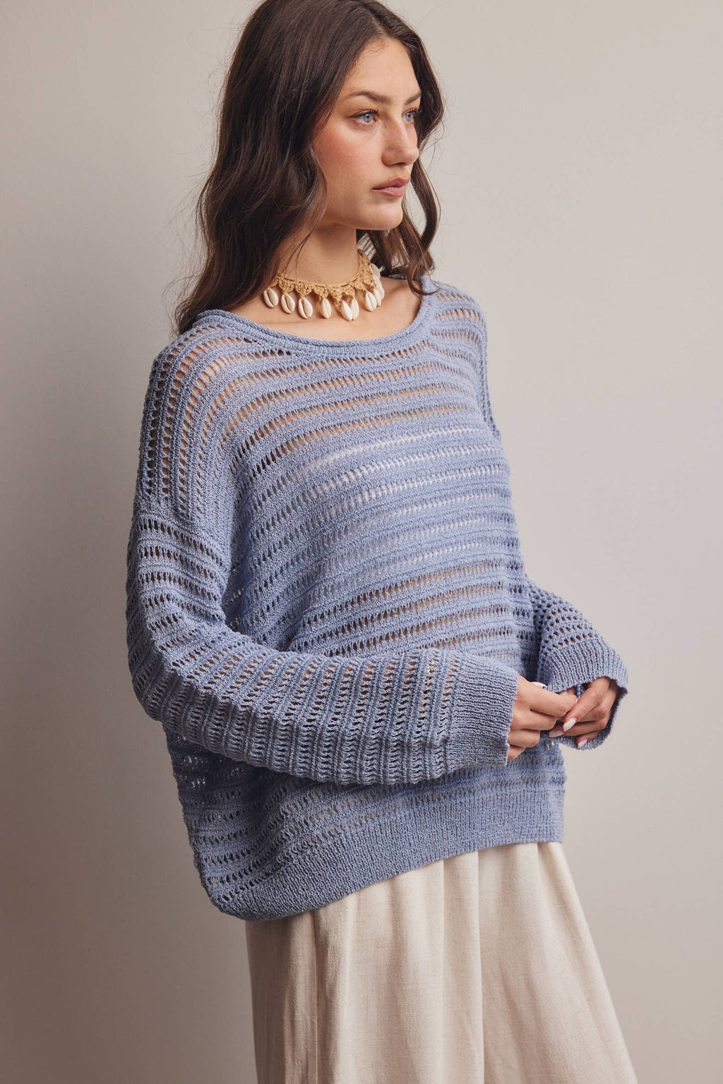 Forte - Open-Knit Stripe Sweater Top FSW0056