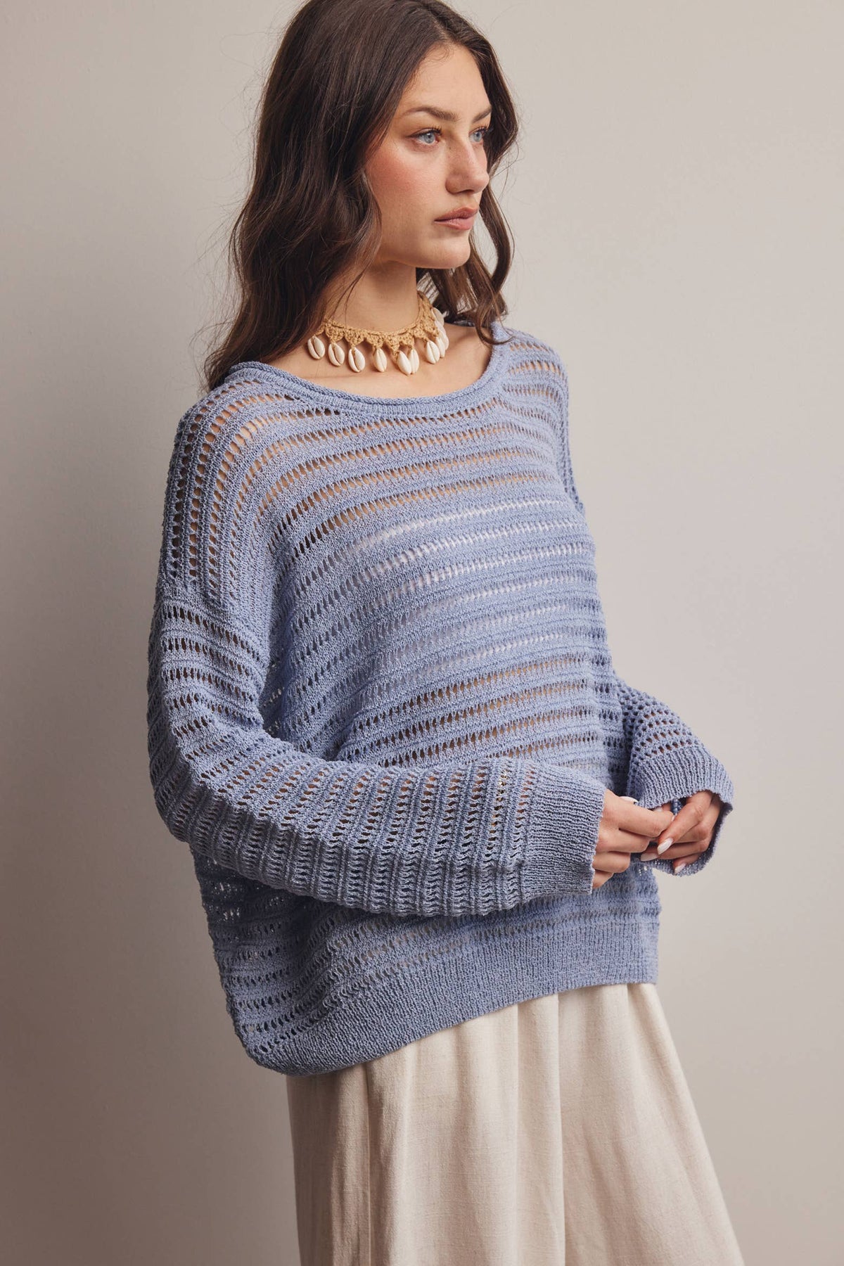 Forte - Open-Knit Stripe Sweater Top FSW0056