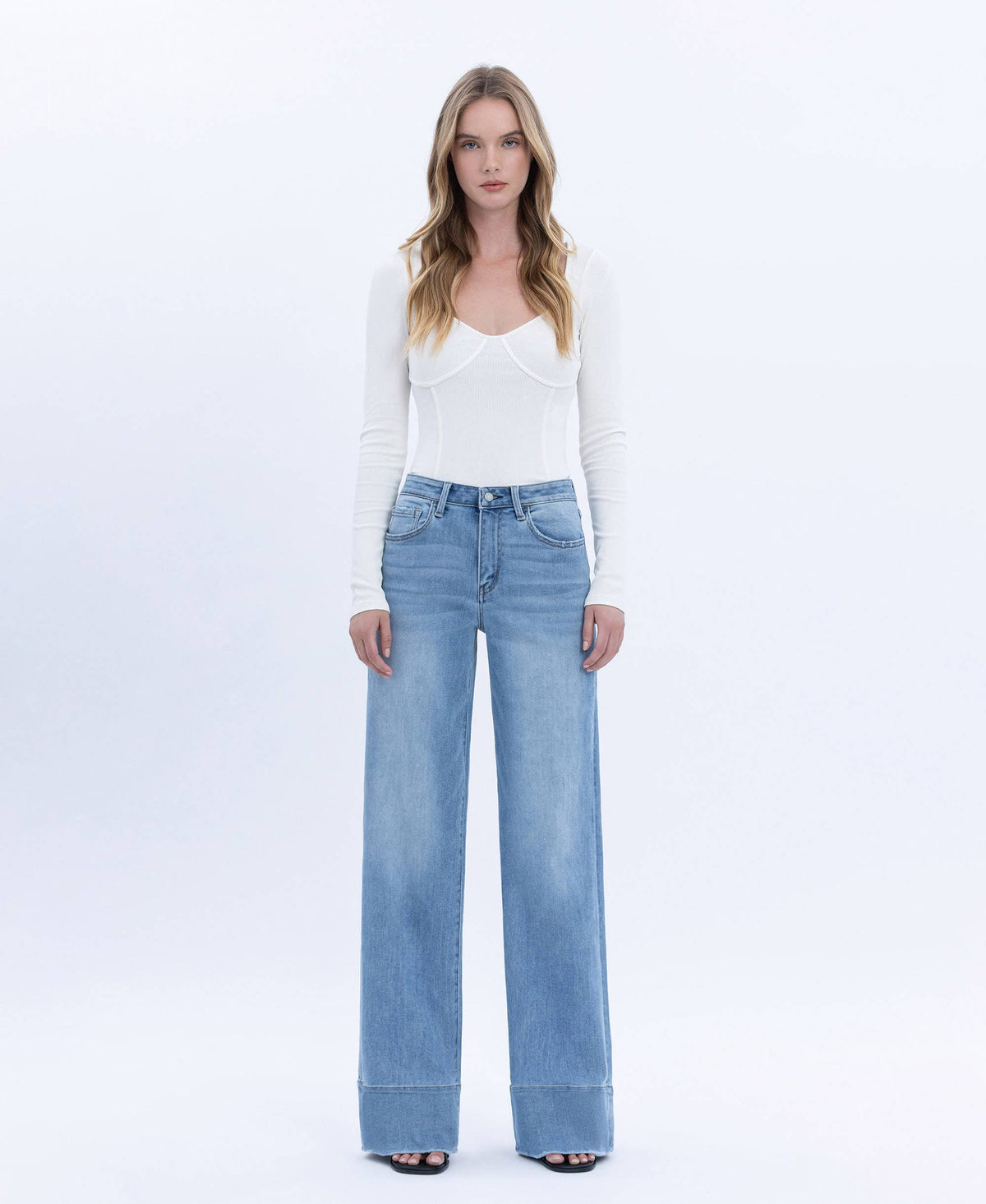 VERVET by FLYING MONKEY - HIGH RISE RAW HEM WIDE A LINE JEANS T6596