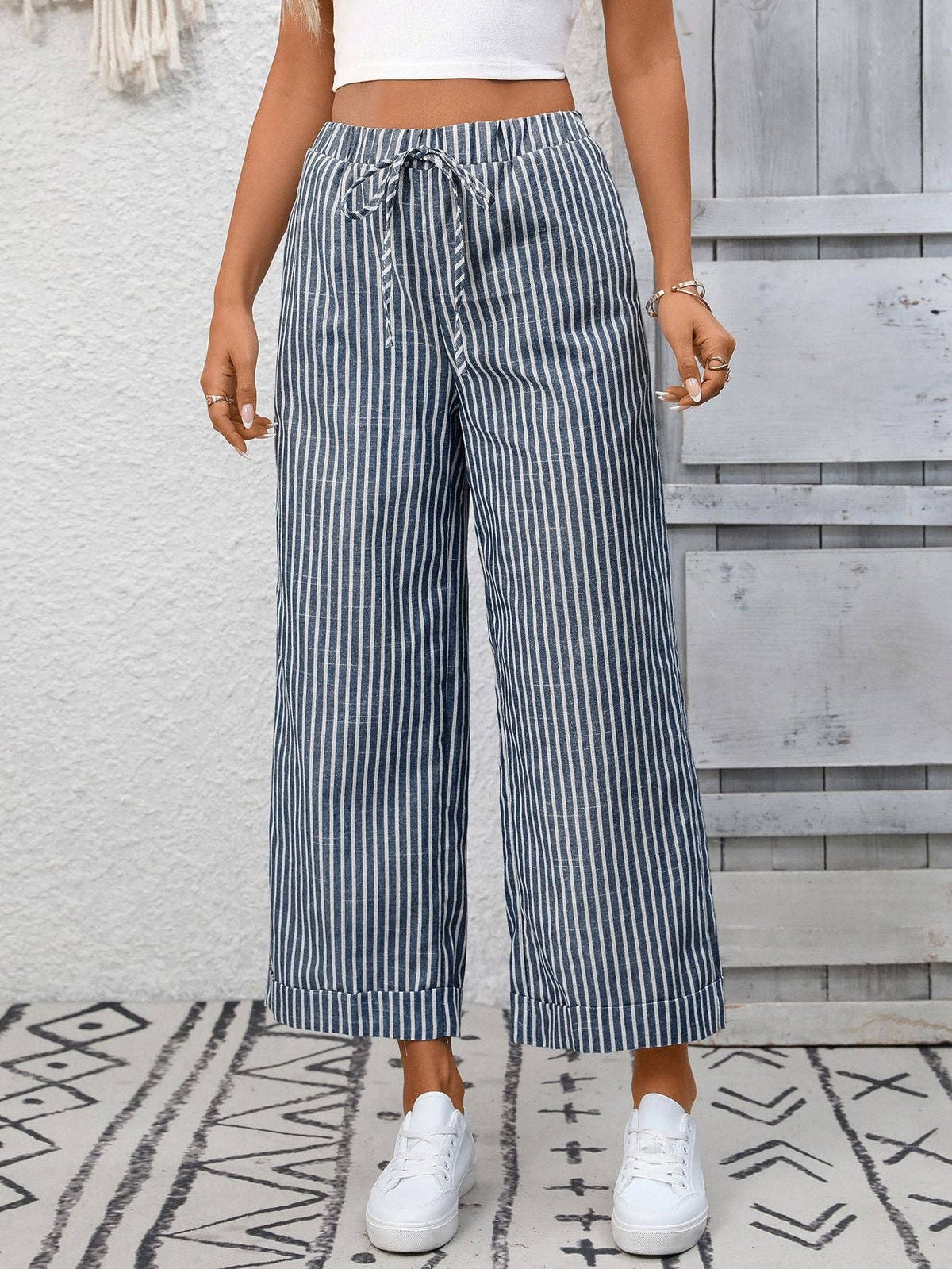 Suhkasana - Striped High Waist Wide Leg Pants Casual Summer