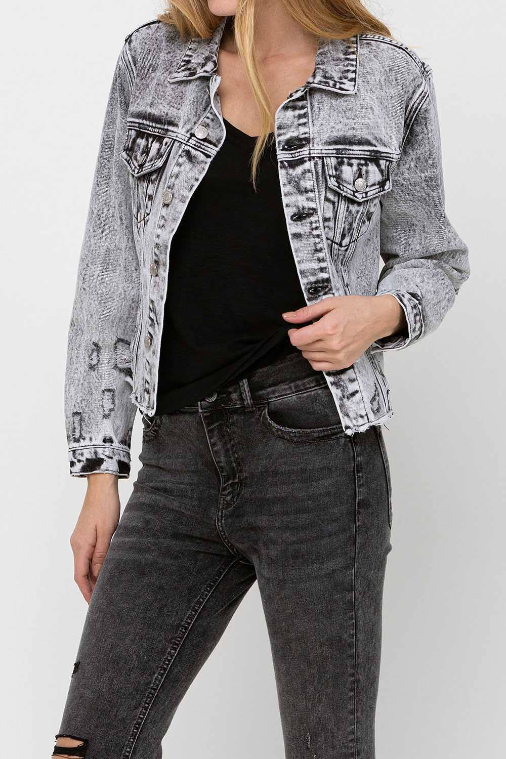 VERVET by FLYING MONKEY - DISTRESSED BLACK ACID WASH CLASSIC CROP JACKET VT1156