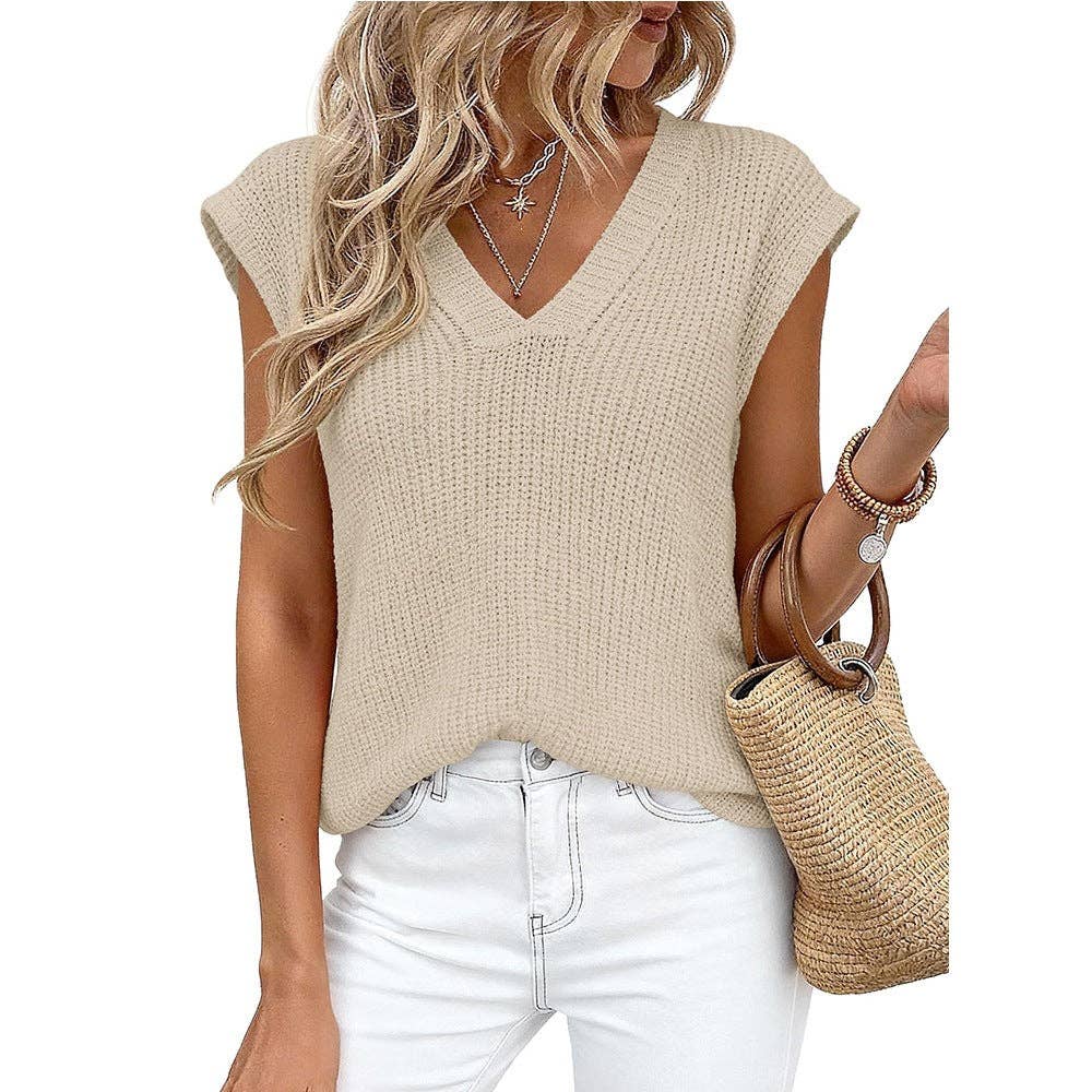 Suhkasana - V Neck Knit Sweater Vest Sleeveless Loose Summer Top