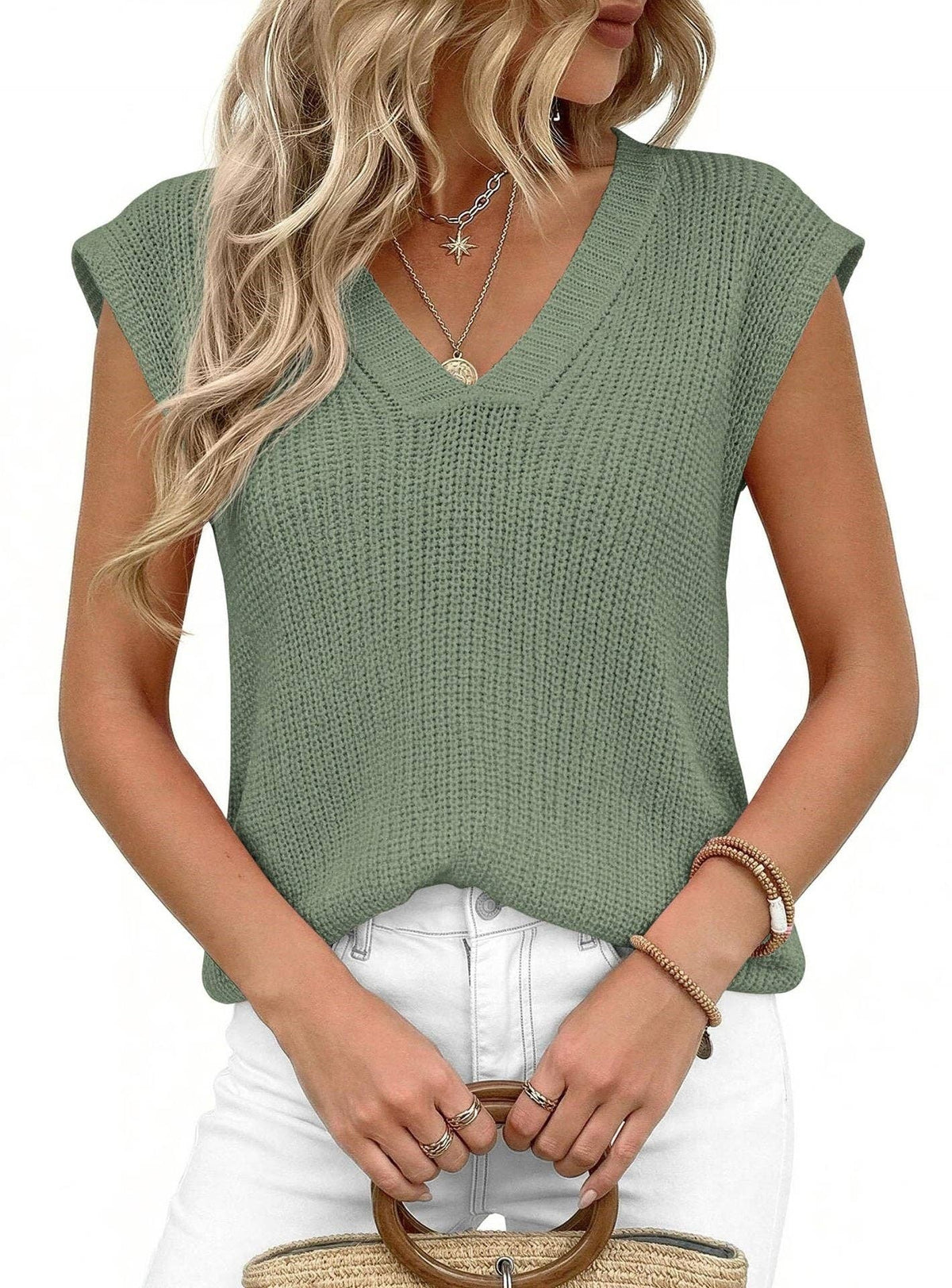 Suhkasana - V Neck Knit Sweater Vest Sleeveless Loose Summer Top