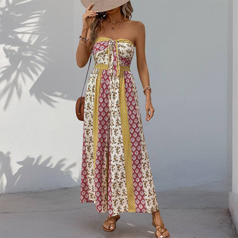 Suhkasana - Boho Strapless Smocked Jumpsuit with Wide-Leg Flare Pants