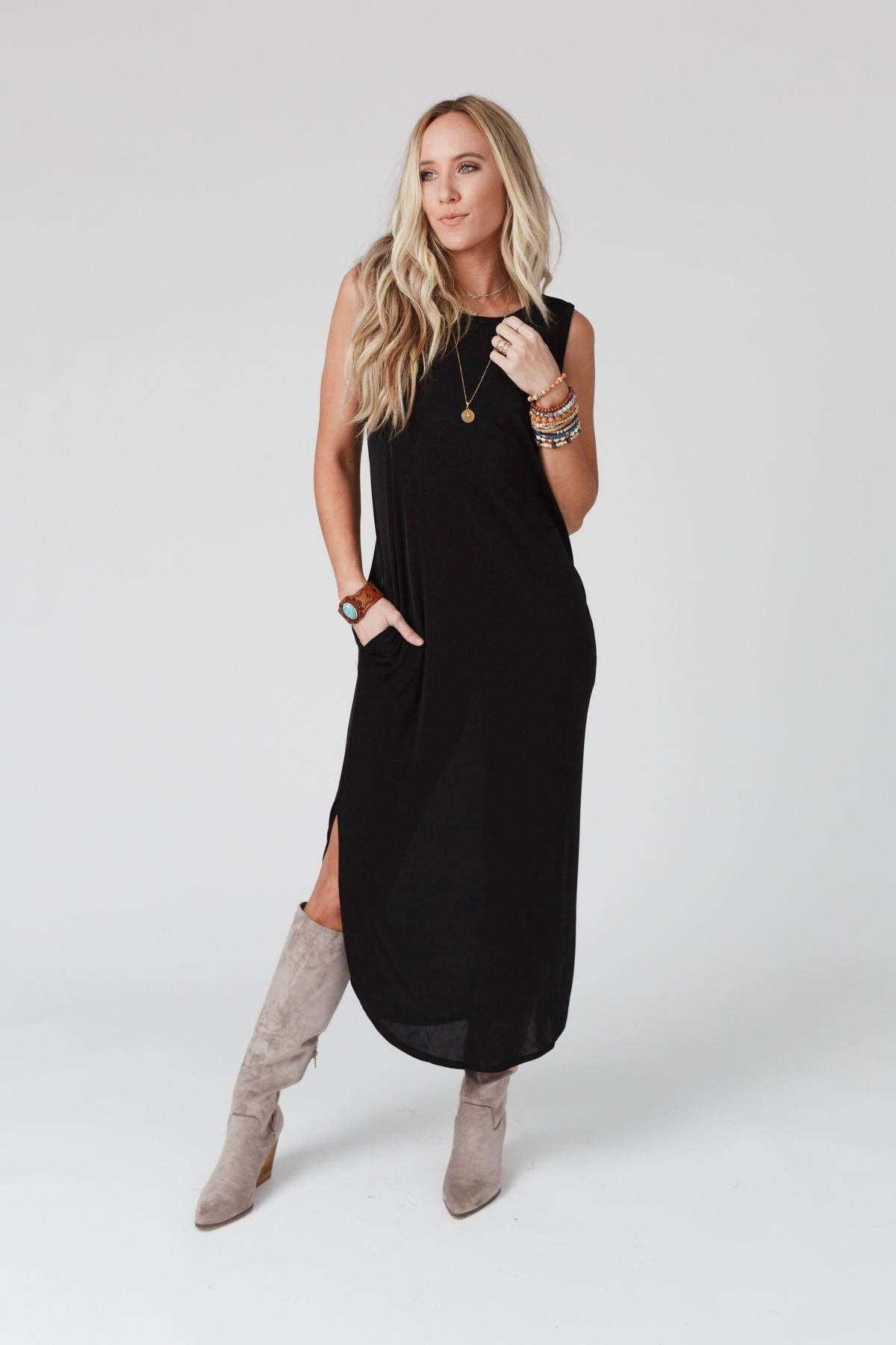 Three Bird Nest - Cassie Sleeveless Pocket Slinky Maxi Dress - Black