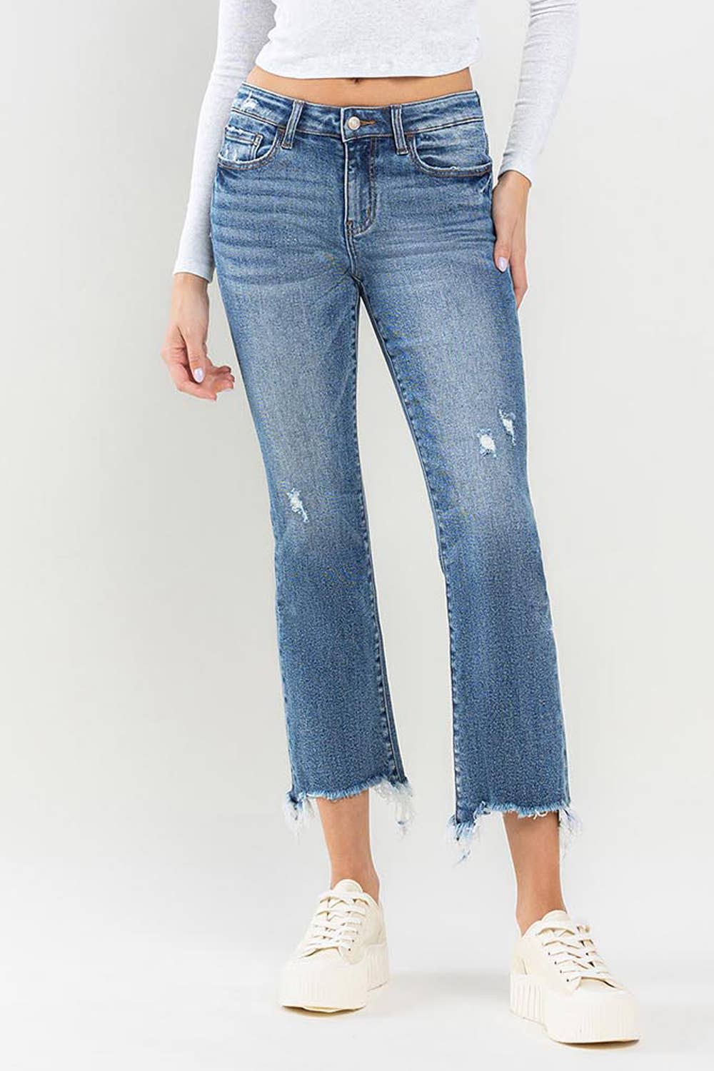 Lovervet by VERVET - MID RISE FRAYED HEM ANKLE BOOTCUT JEANS LV1212