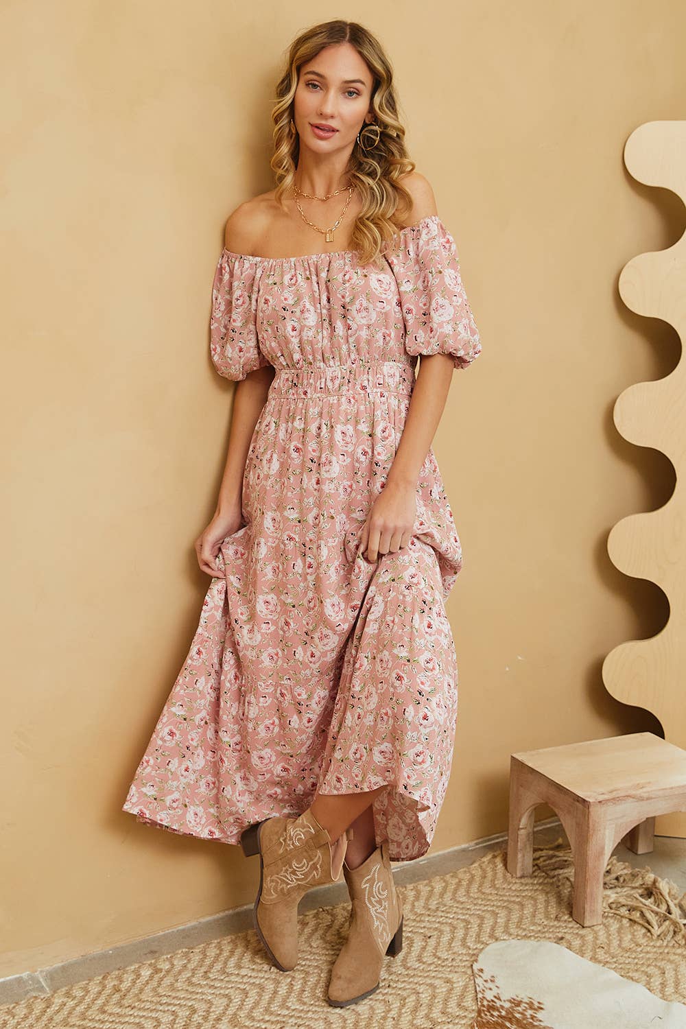 Sweet Lovely by Jen - ROMANTIC FLORAL ELASTIC WAIST MIDI DRESS