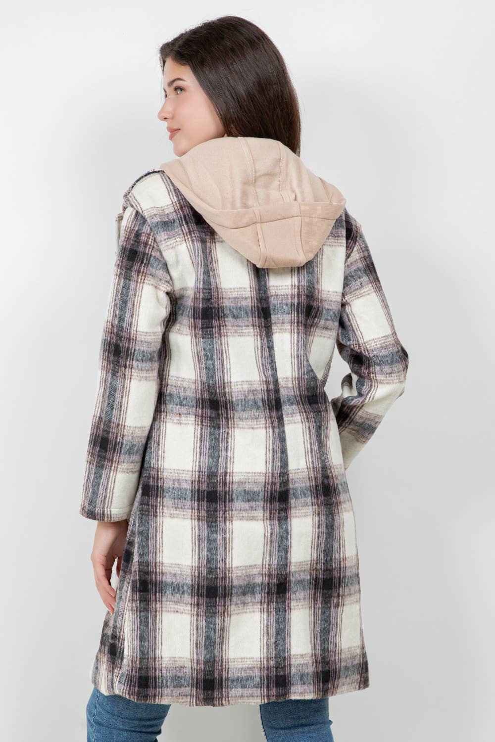 Veracci - Oversized Woolen Plaid Coat / Jacket with detachable Hood