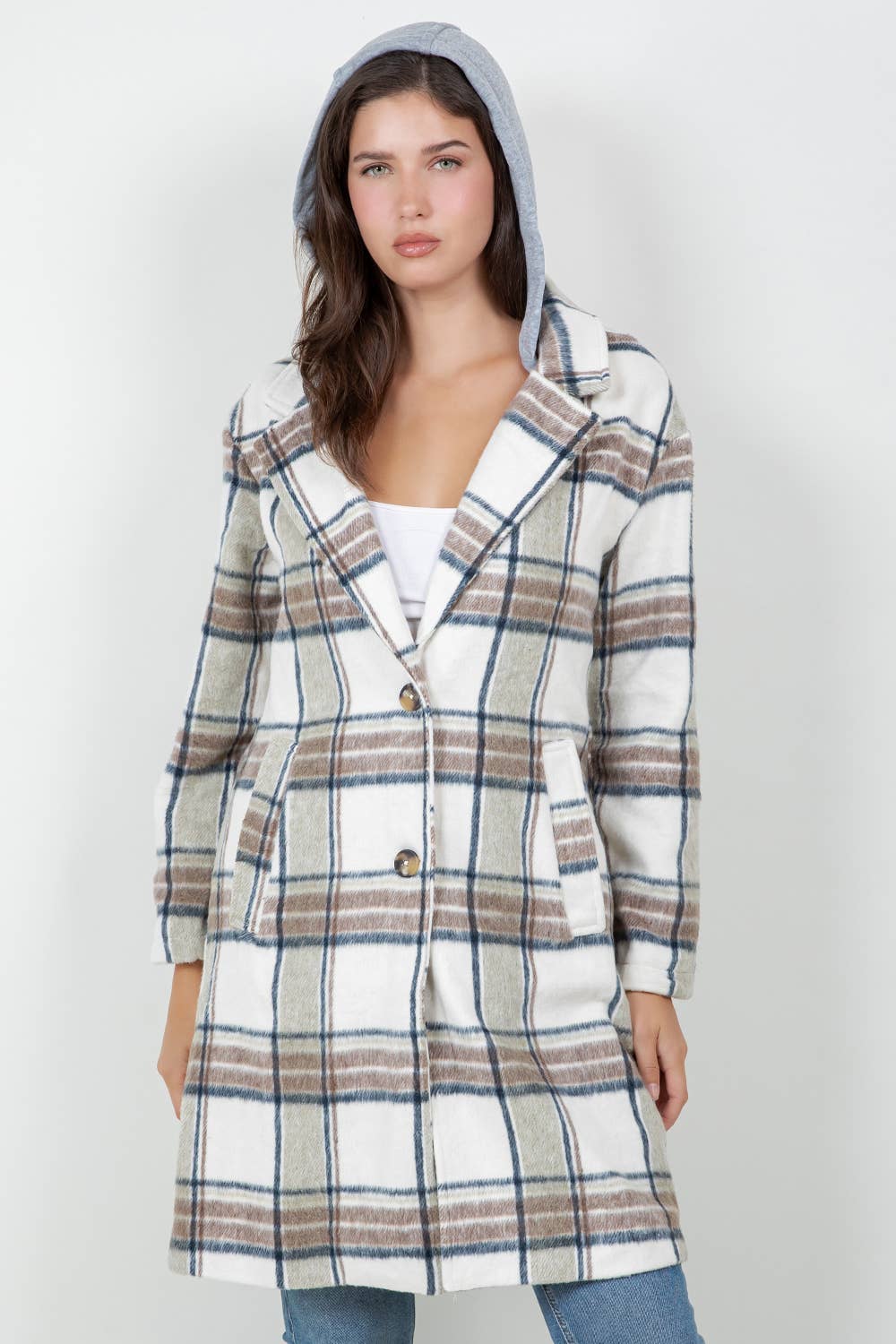 Veracci - Oversized Woolen Plaid Coat / Jacket with detachable Hood