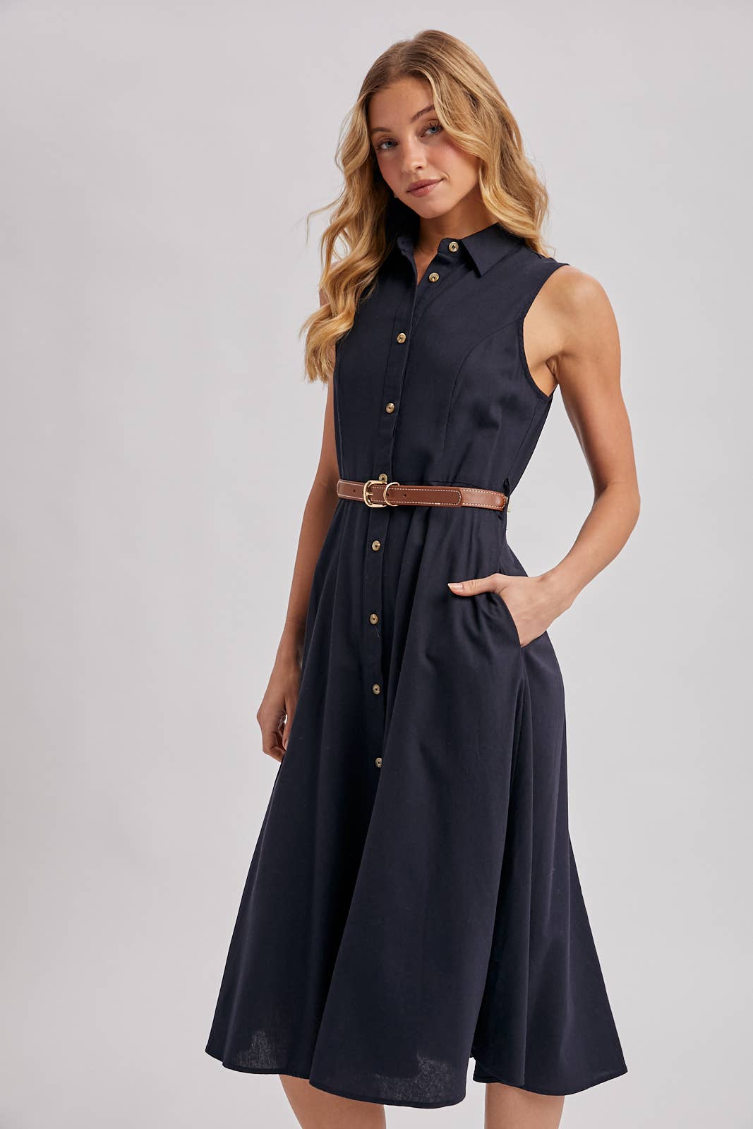 Bluivy - BUTTON DOWN SLEEVELESS BELTED SHIRT MIDI DRESS