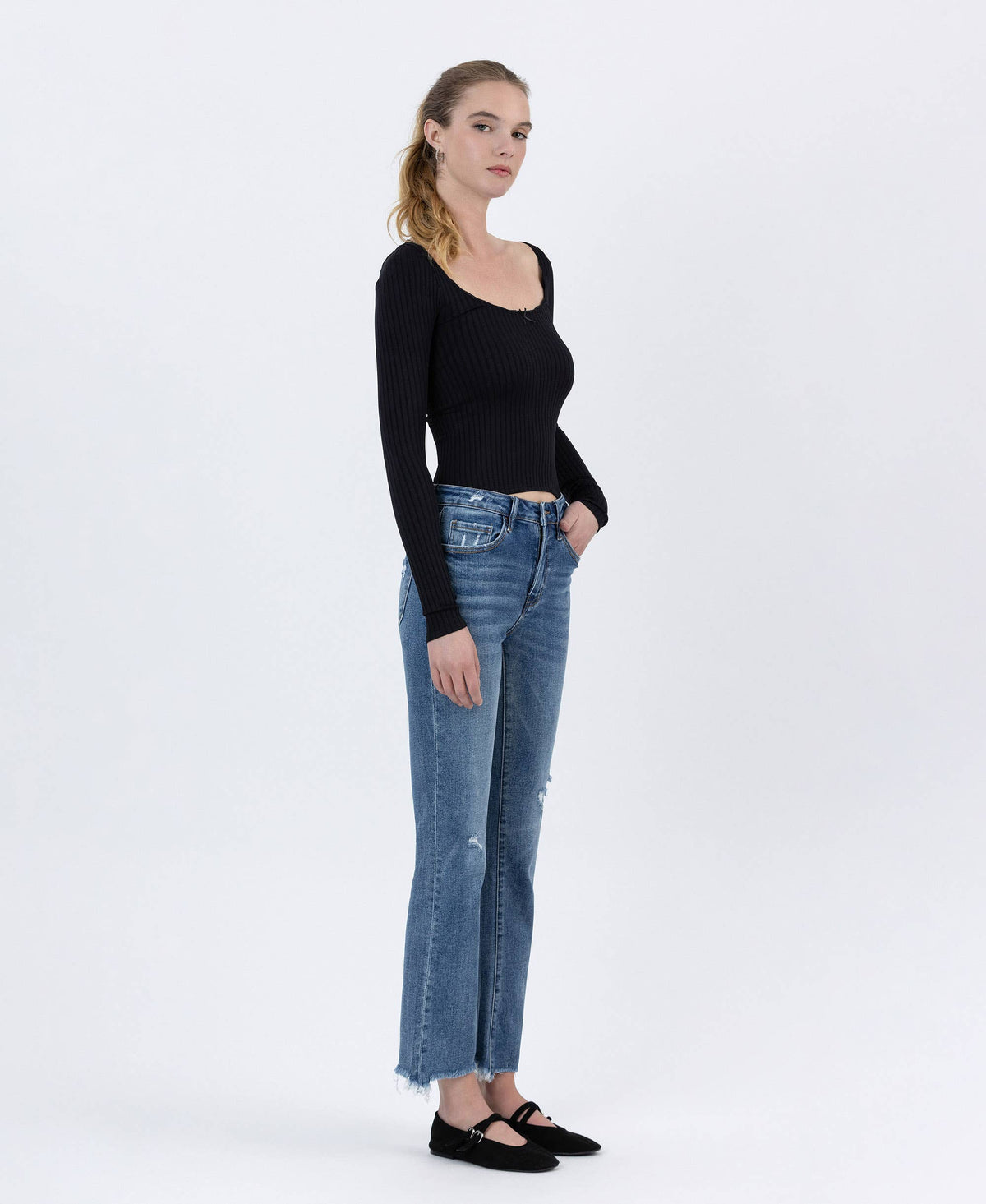 Lovervet by VERVET - MID RISE FRAYED HEM ANKLE BOOTCUT JEANS LV1212