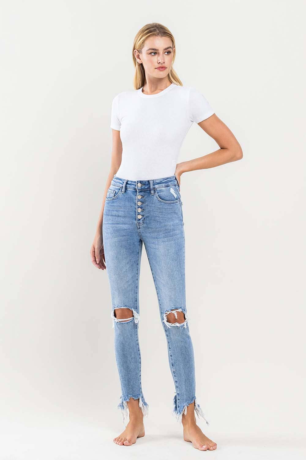 VERVET by FLYING MONKEY - HIGH RISE DISTRESSED BUTTON UP SKINNY JEANS V2844