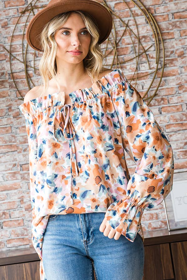 Floral Print Ruffle Neck Blouse for Women T5226