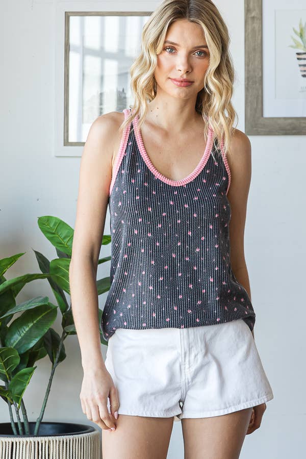 Floral Scoop Neck Solid Rib Contrast Trim Tank Top T5928