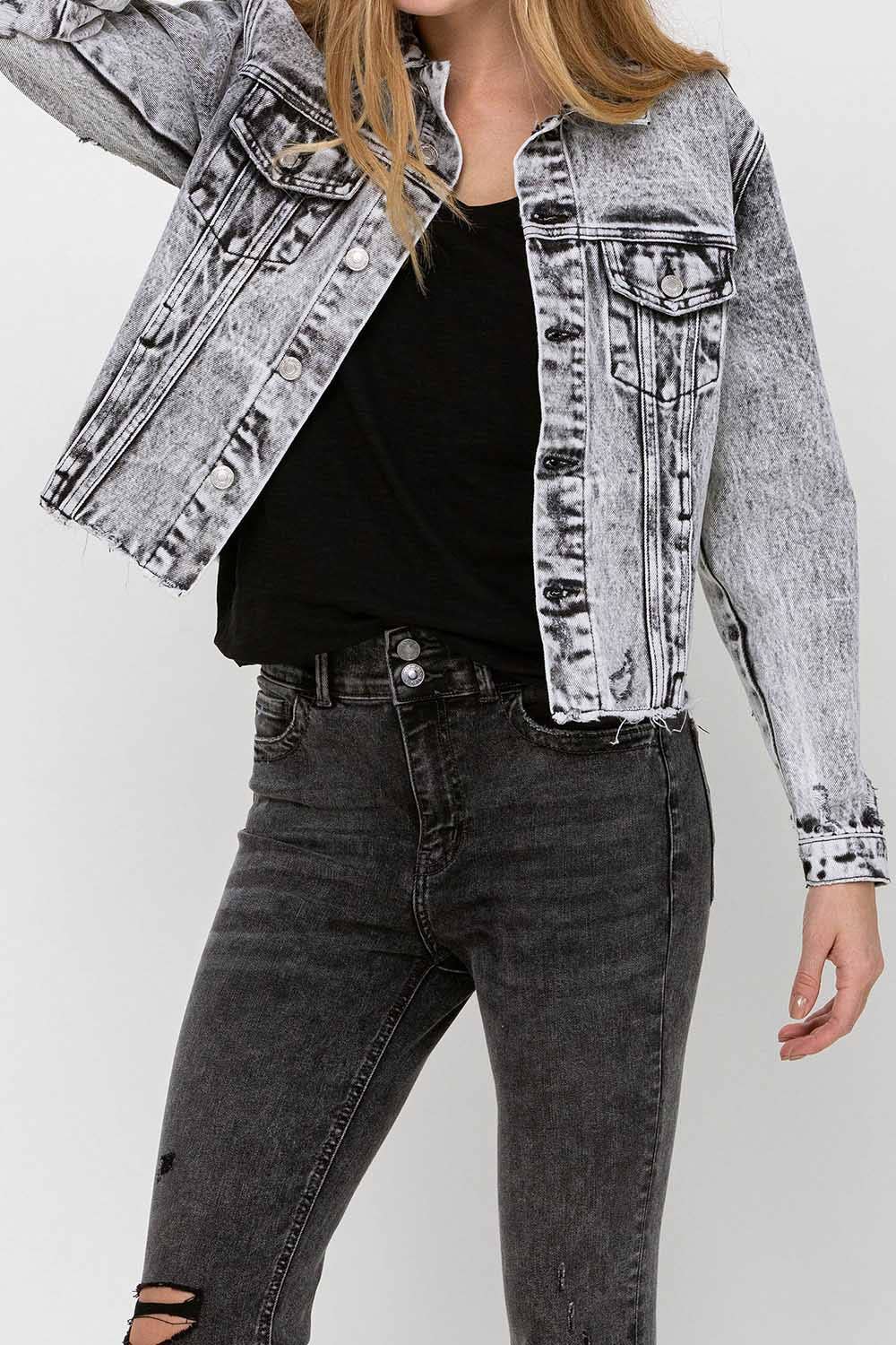 VERVET by FLYING MONKEY - DISTRESSED BLACK ACID WASH CLASSIC CROP JACKET VT1156