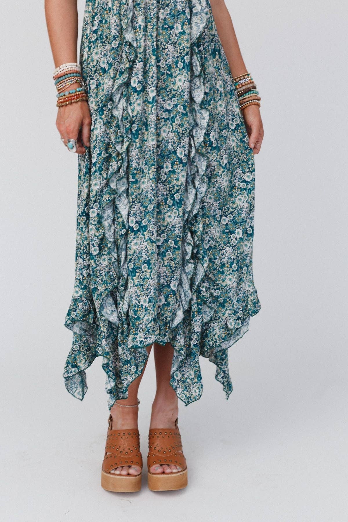 Three Bird Nest - Smitten Smocked Ruffle Maxi Dress - Green
