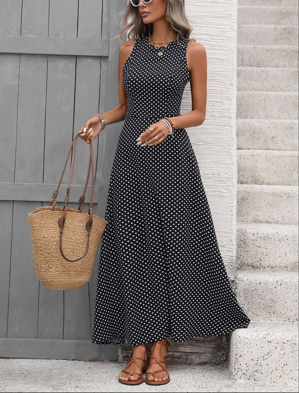 Suhkasana - Polka Dot Sleeveless Maxi Dress Backless Summer