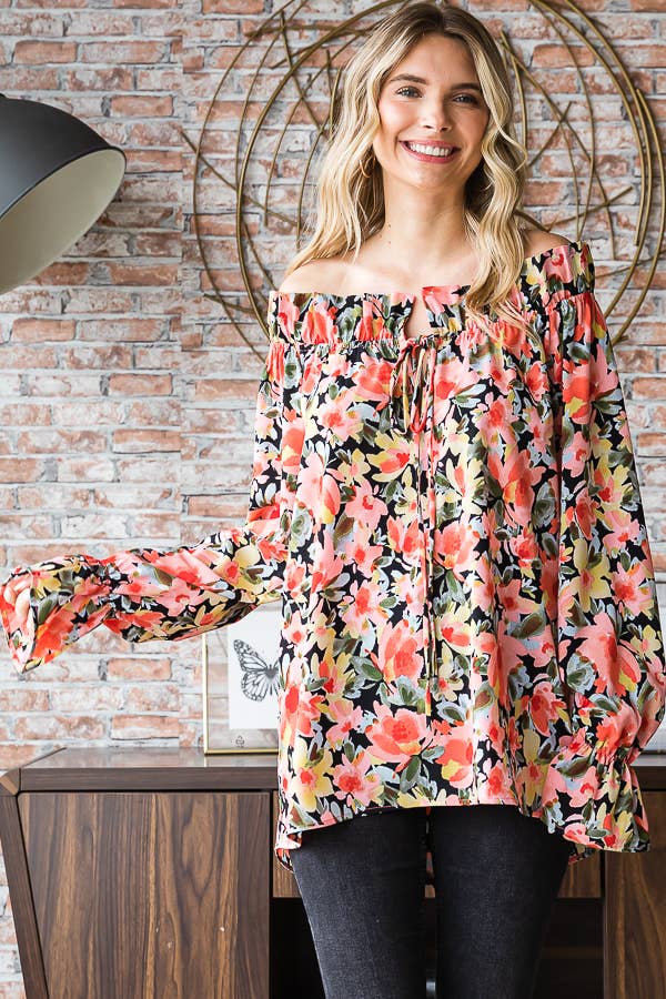 Floral Print Ruffle Neck Blouse for Women T5226