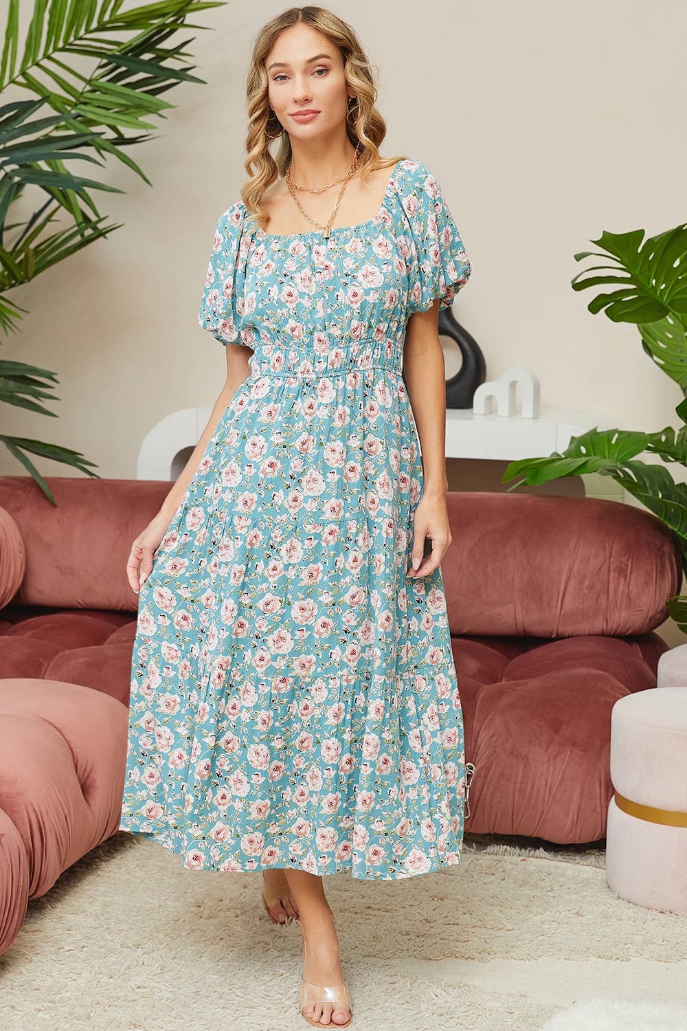 Sweet Lovely by Jen - ROMANTIC FLORAL ELASTIC WAIST MIDI DRESS
