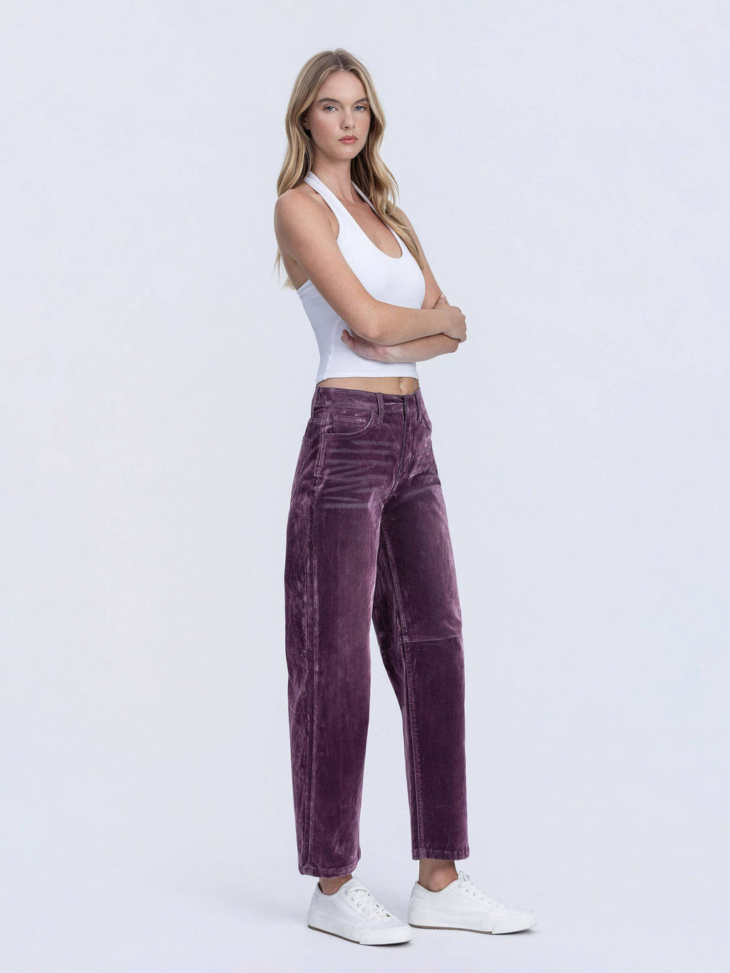 VERVET by FLYING MONKEY - HIGH RISE VELVET FLOCKED PURPLE BARREL LEG JEANS T7091PUR