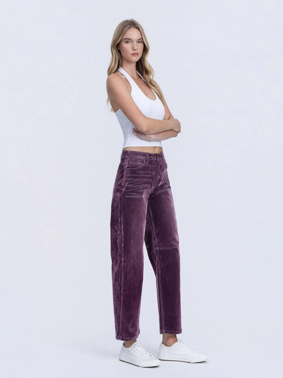 VERVET by FLYING MONKEY - HIGH RISE VELVET FLOCKED PURPLE BARREL LEG JEANS T7091PUR