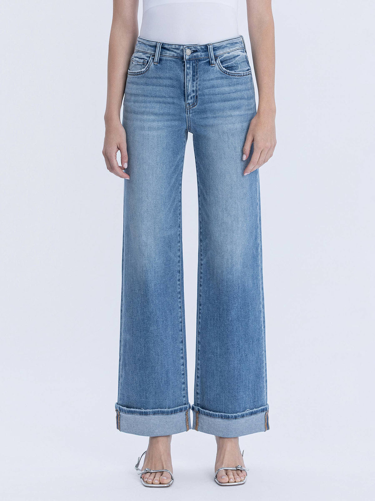 VERVET by FLYING MONKEY - HIGH RISE FULL LENGTH CUFFED WIDE JEANS T7049