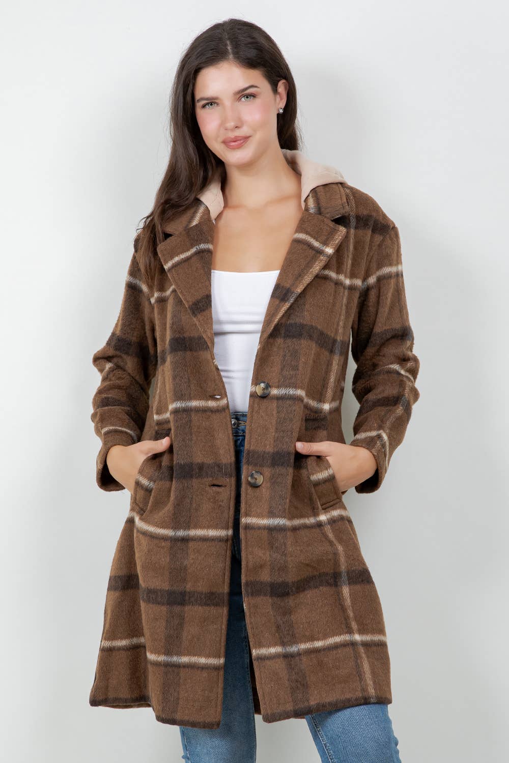 Veracci - Oversized Woolen Plaid Coat / Jacket with detachable Hood