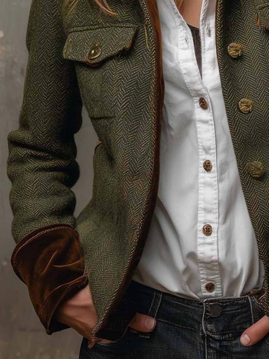 Suhkasana - Women Herringbone Tweed Blazer Velvet Trim Vintage Jacket