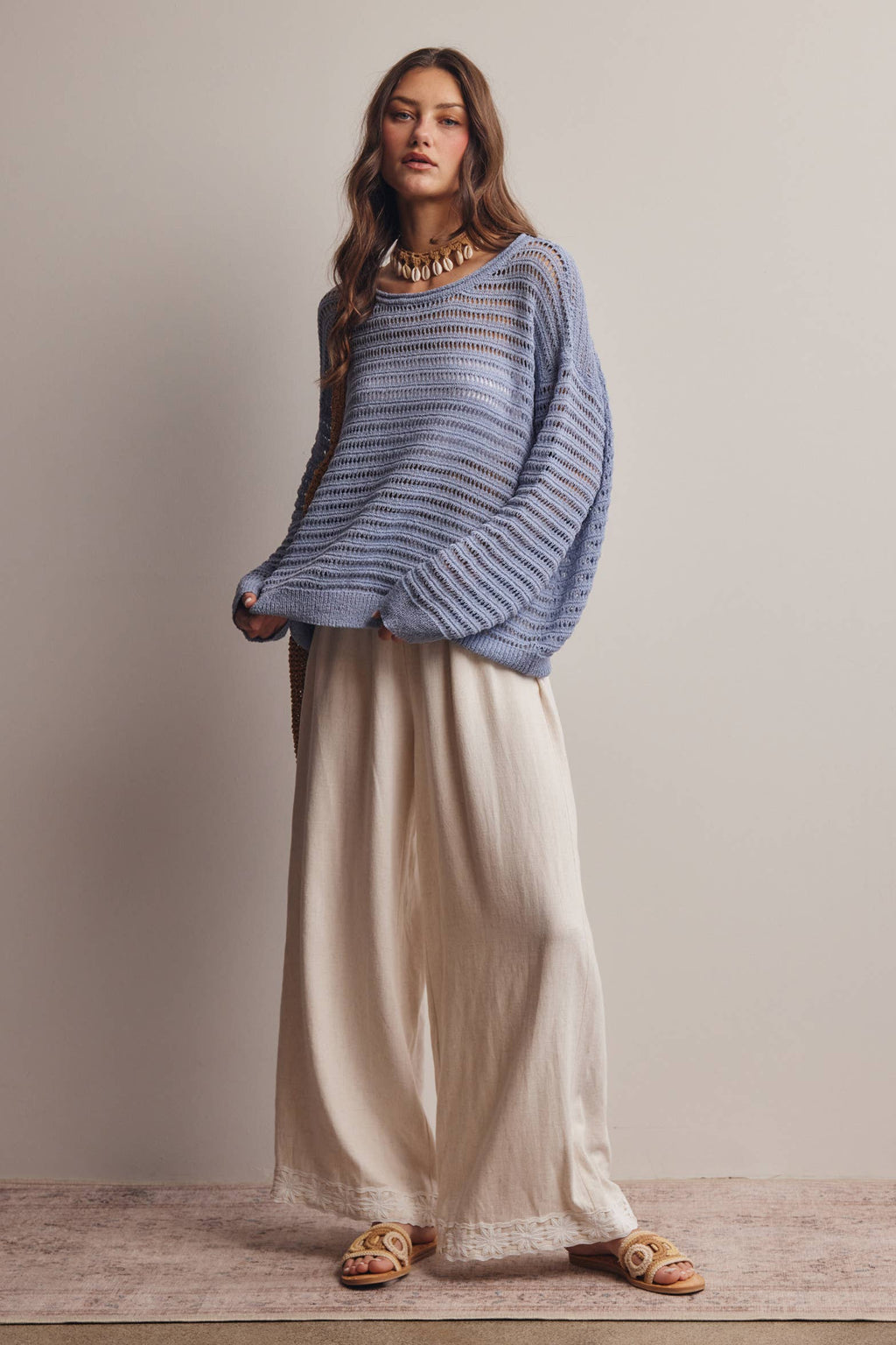 Forte - Open-Knit Stripe Sweater Top FSW0056
