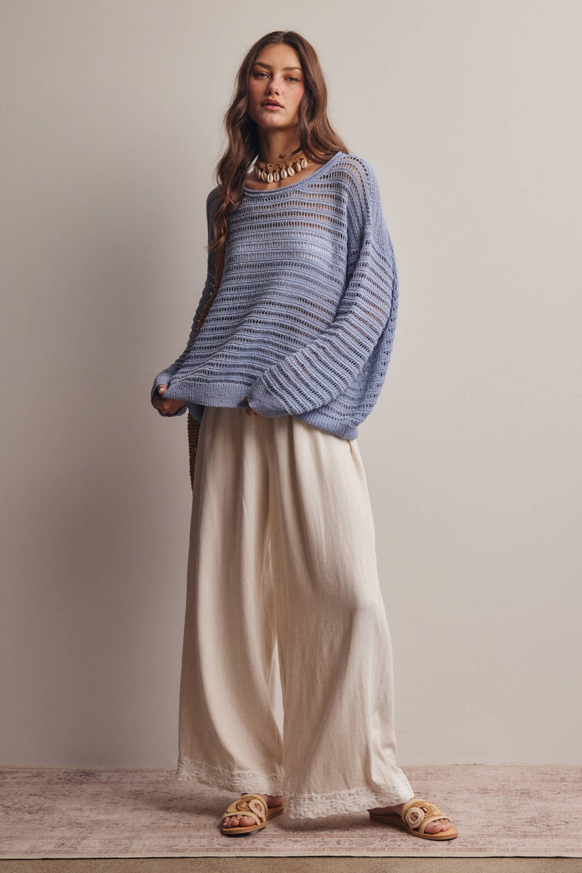 Forte - Open-Knit Stripe Sweater Top FSW0056