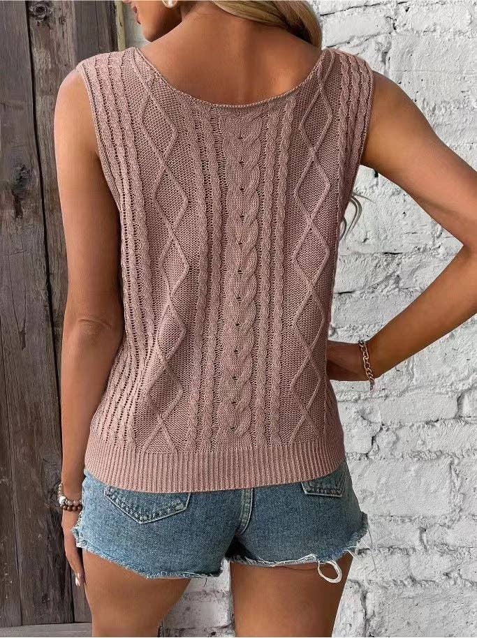 Suhkasana - Women Cable Knit Tank Top V Neck Sleeveless Summer Sweater