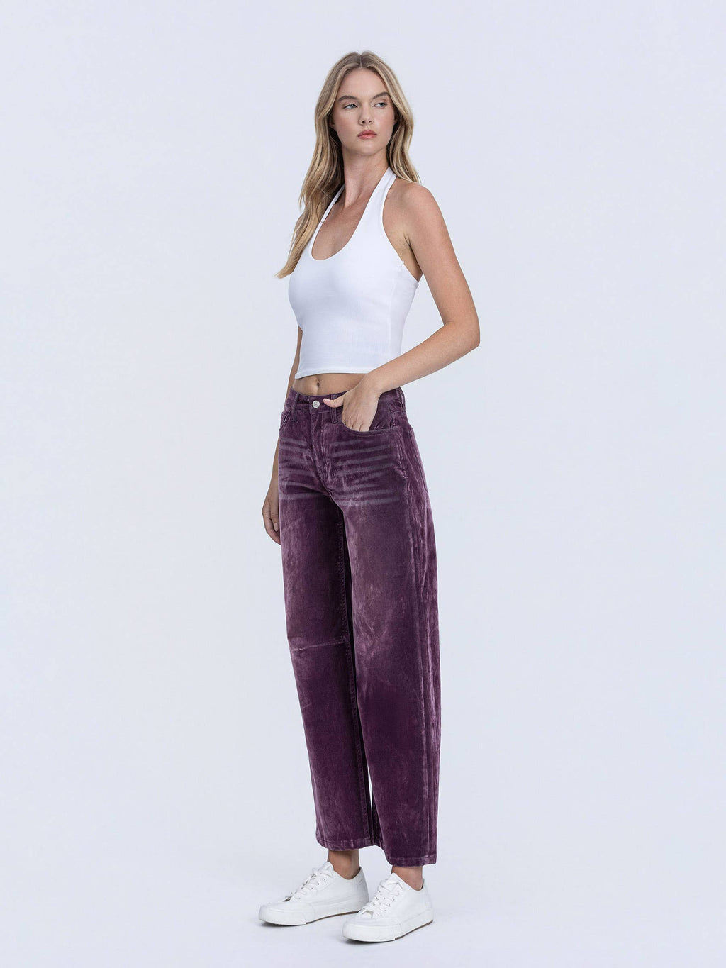 VERVET by FLYING MONKEY - HIGH RISE VELVET FLOCKED PURPLE BARREL LEG JEANS T7091PUR