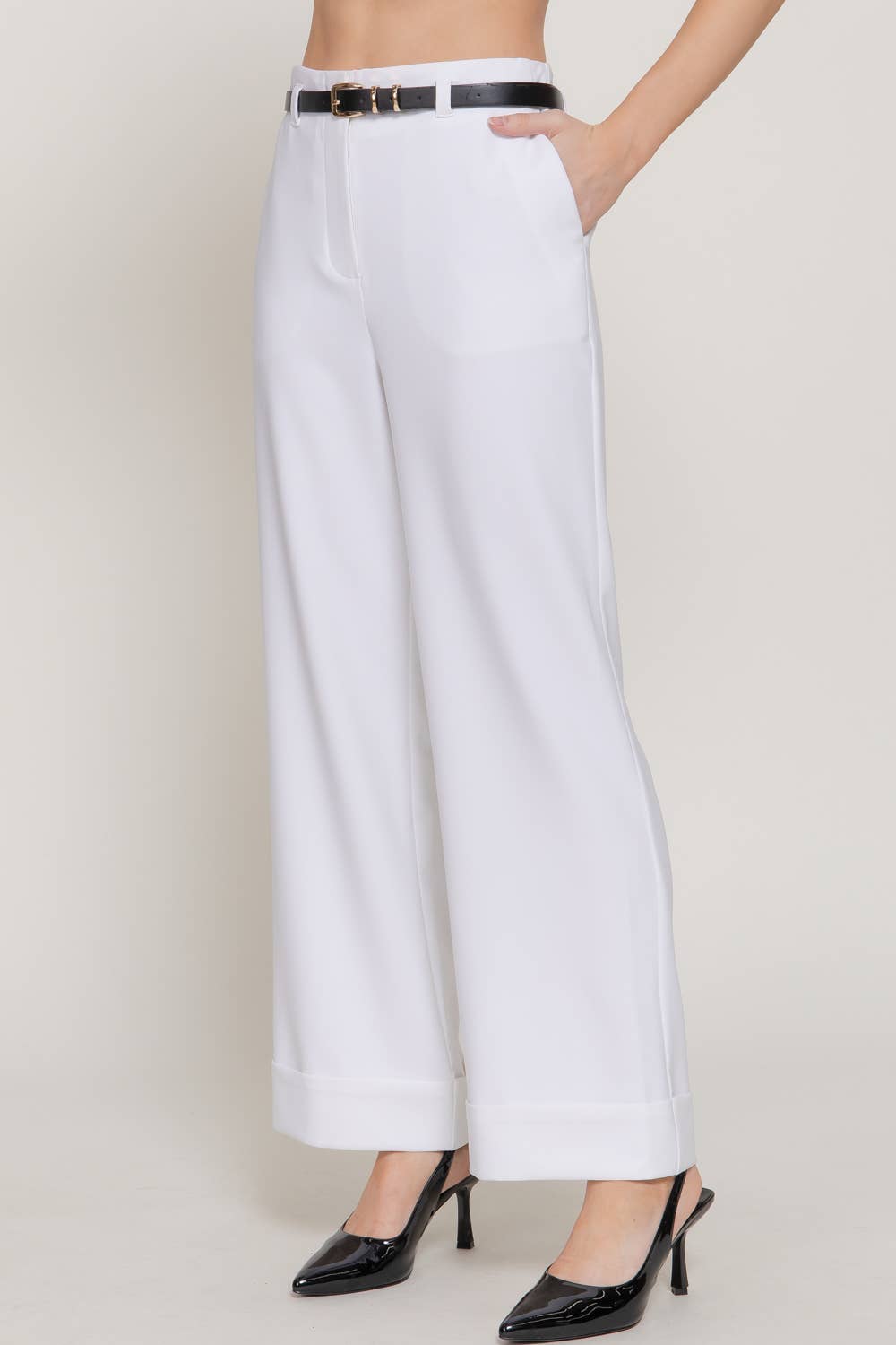 Belted Straight Pants with Cuffed Hem