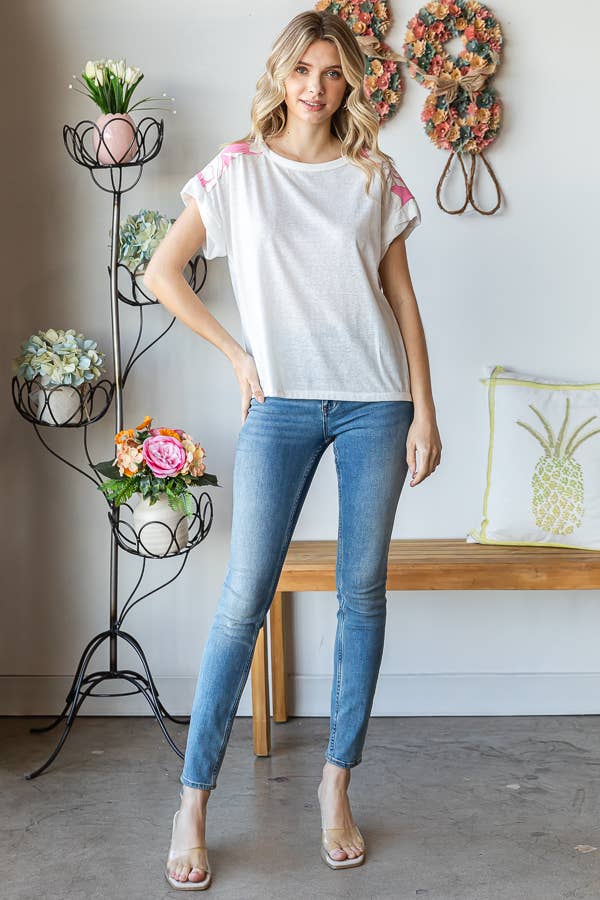 Floral Contrast Twist Banded Short Sleeve Top